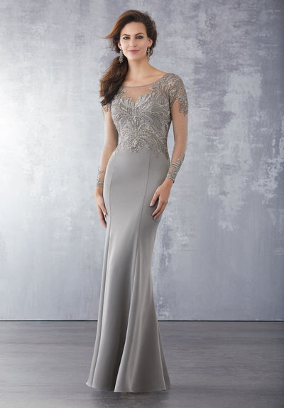 MGNY By Mori Lee - 71723 Embroidered Long Sleeve Trumpet Dress In Gray