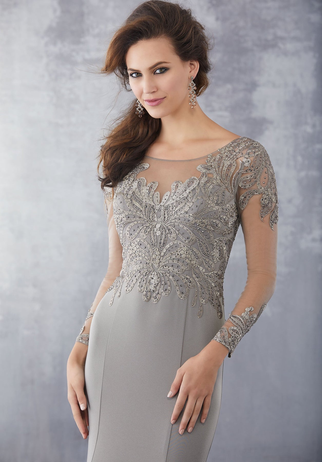 MGNY By Mori Lee - 71723 Embroidered Long Sleeve Trumpet Dress In Gray