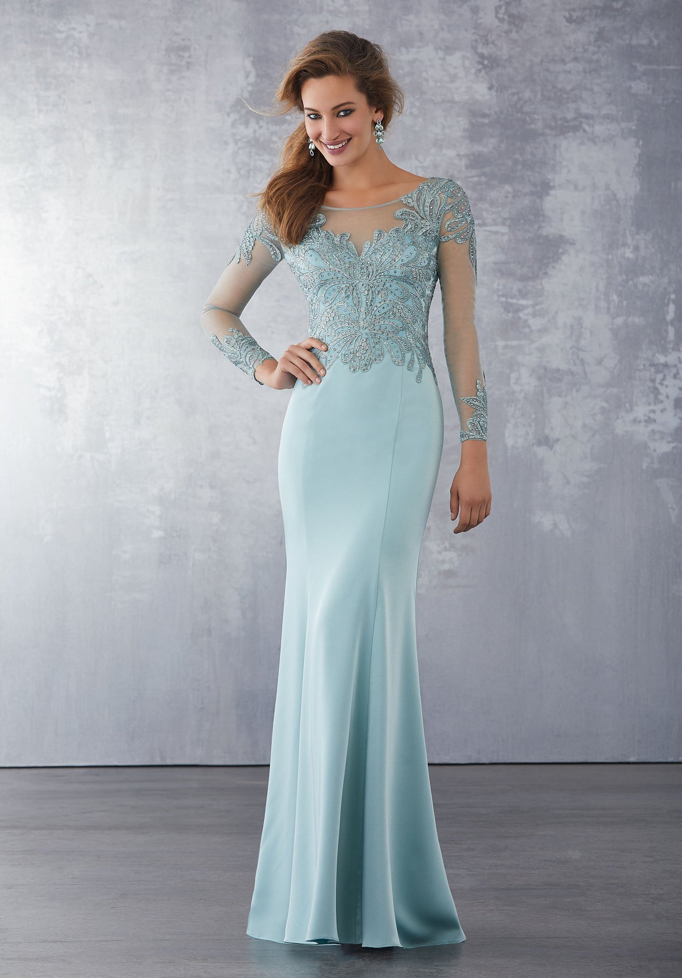 MGNY By Mori Lee - 71723 Embroidered Long Sleeve Trumpet Dress In Blue and Green