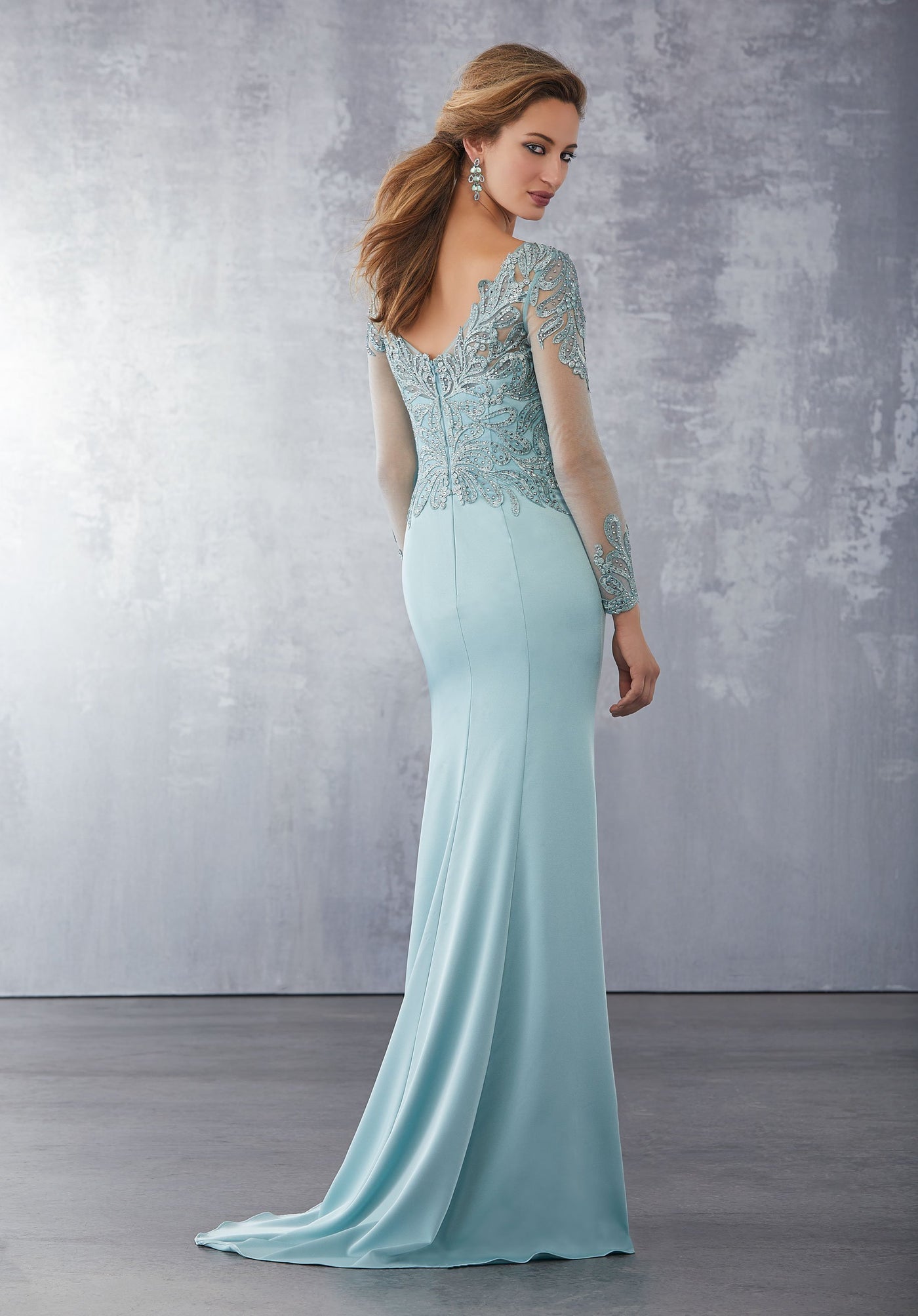 MGNY By Mori Lee - 71723 Embroidered Long Sleeve Trumpet Dress In Blue and Green