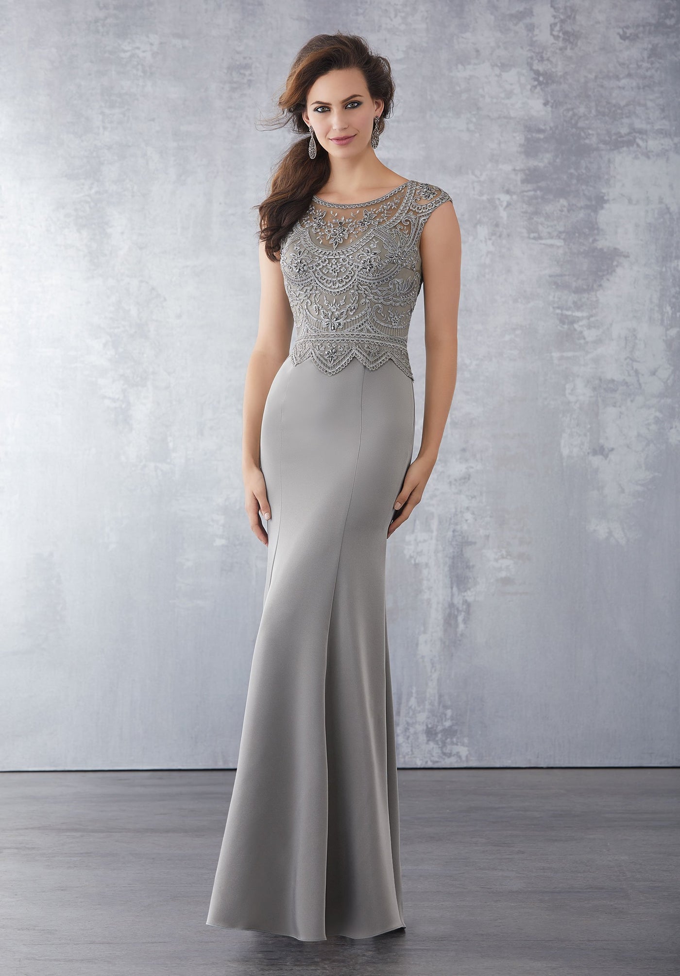 MGNY By Mori Lee - 71724 Embroidered Scoop Sheath Gown In Gray