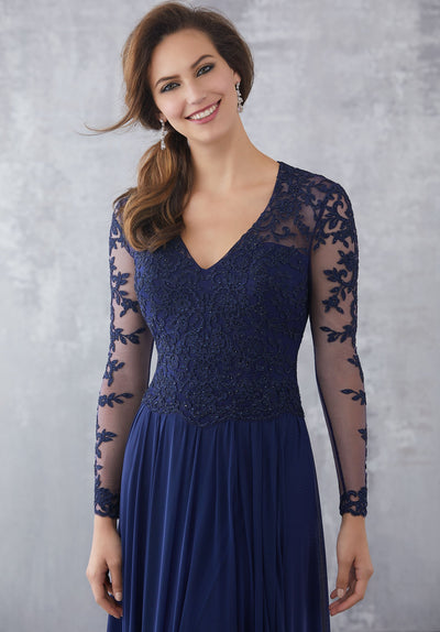 MGNY By Mori Lee - 71727 Lace Appliqued V-Neck A-Line Dress In Blue