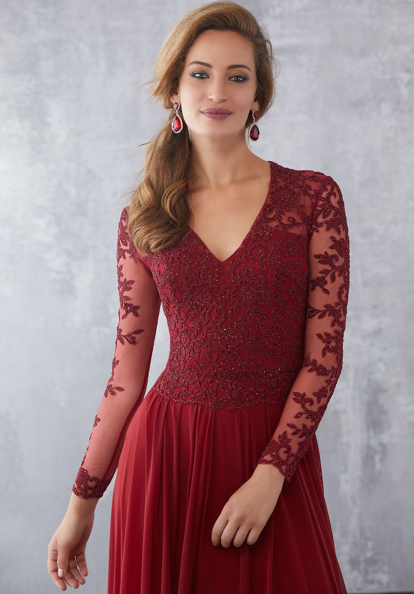 MGNY By Mori Lee - 71727 Lace Appliqued V-Neck A-Line Dress In Red