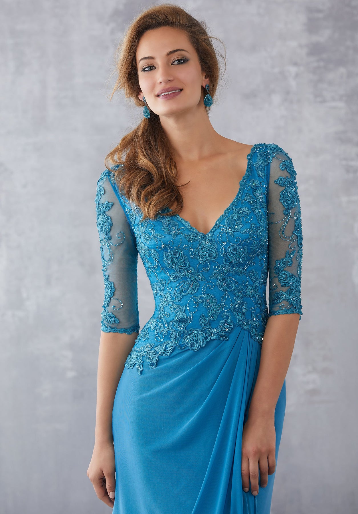 MGNY By Mori Lee - 71728 Embroidered Plunging V-neck Sheath Dress In Blue and Green