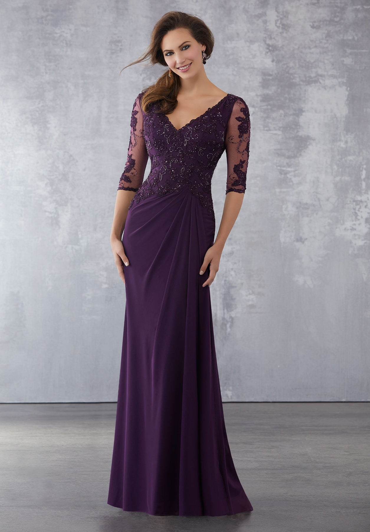 MGNY By Mori Lee - 71728 Embroidered Plunging V-neck Sheath Dress In Purple