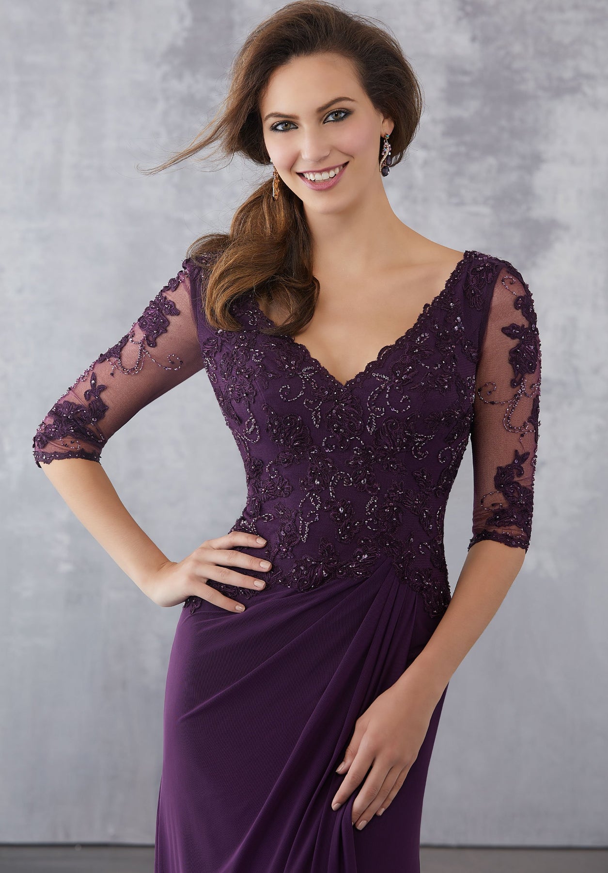 MGNY By Mori Lee - 71728 Embroidered Plunging V-neck Sheath Dress In Purple