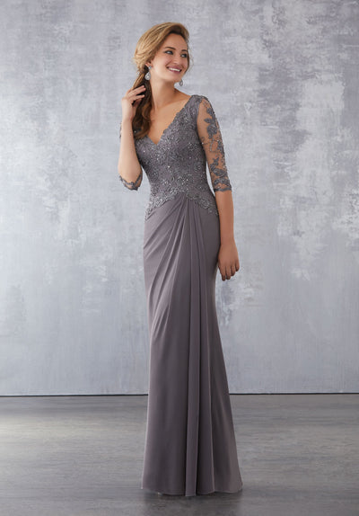 MGNY By Mori Lee - 71728 Embroidered Plunging V-neck Sheath Dress In Gray