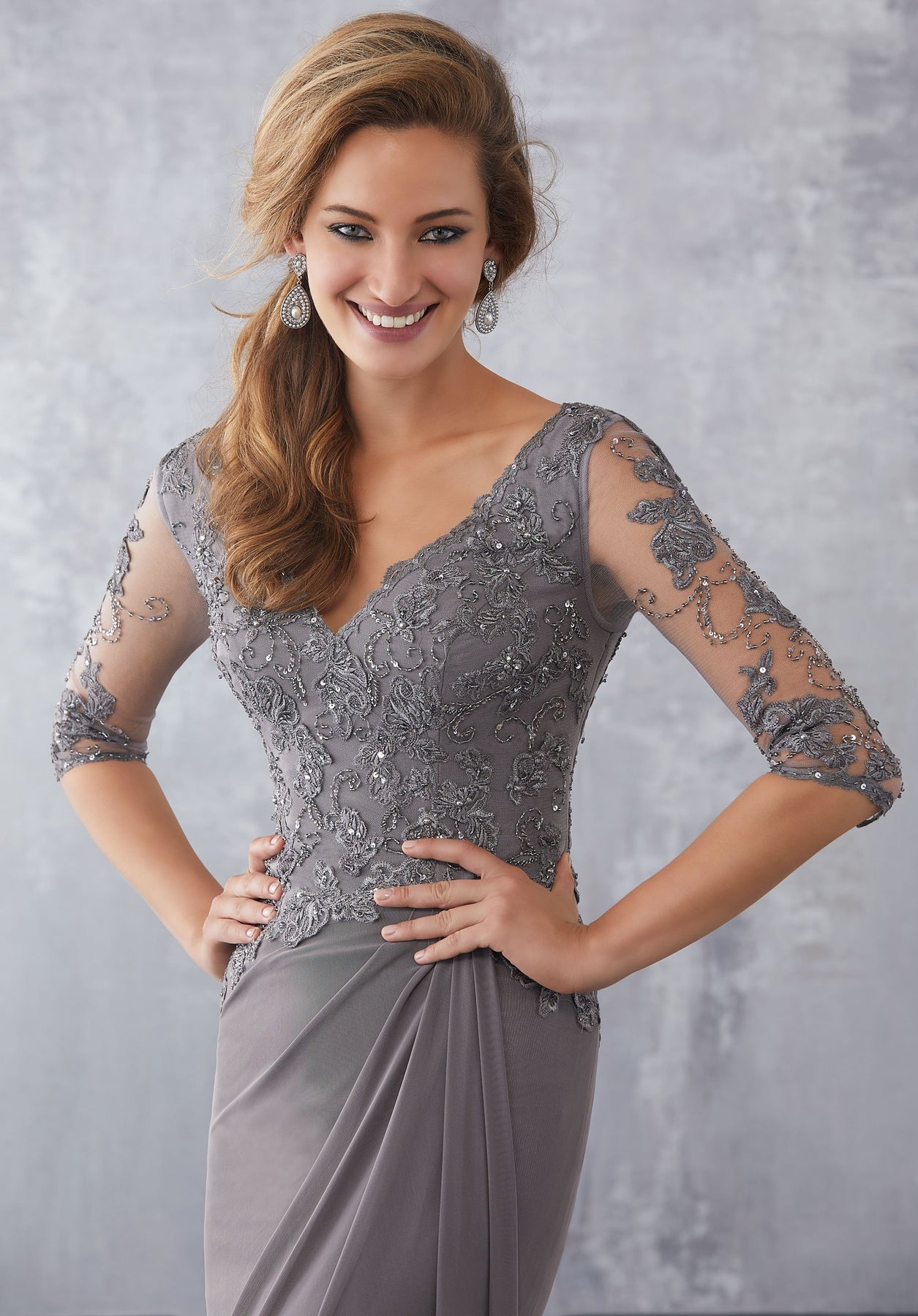 MGNY By Mori Lee - 71728 Embroidered Plunging V-neck Sheath Dress In Gray