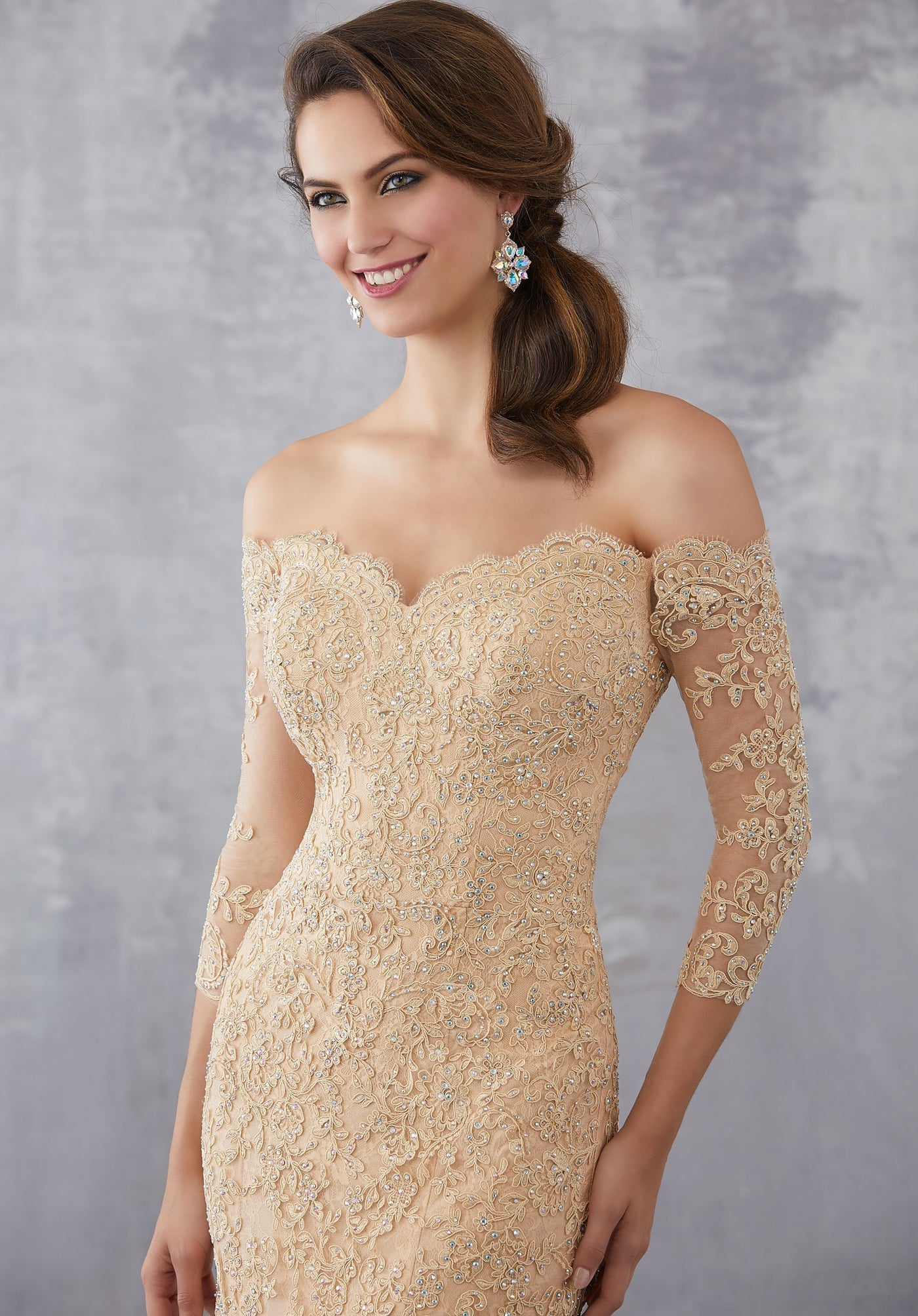 MGNY By Mori Lee - 71731 Lace Off-Shoulder Quarter Sleeves Dress In Neutral