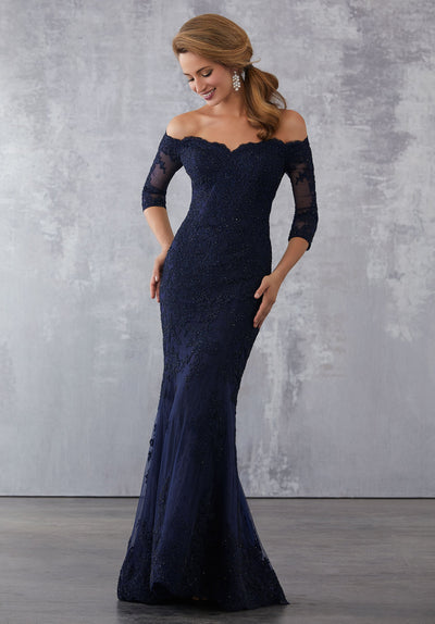 MGNY By Mori Lee - 71731 Lace Off-Shoulder Quarter Sleeves Dress In Blue
