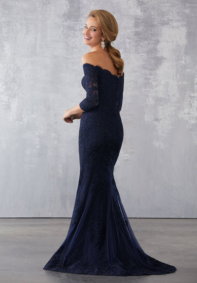 MGNY By Mori Lee - 71731 Lace Off-Shoulder Quarter Sleeves Dress In Blue