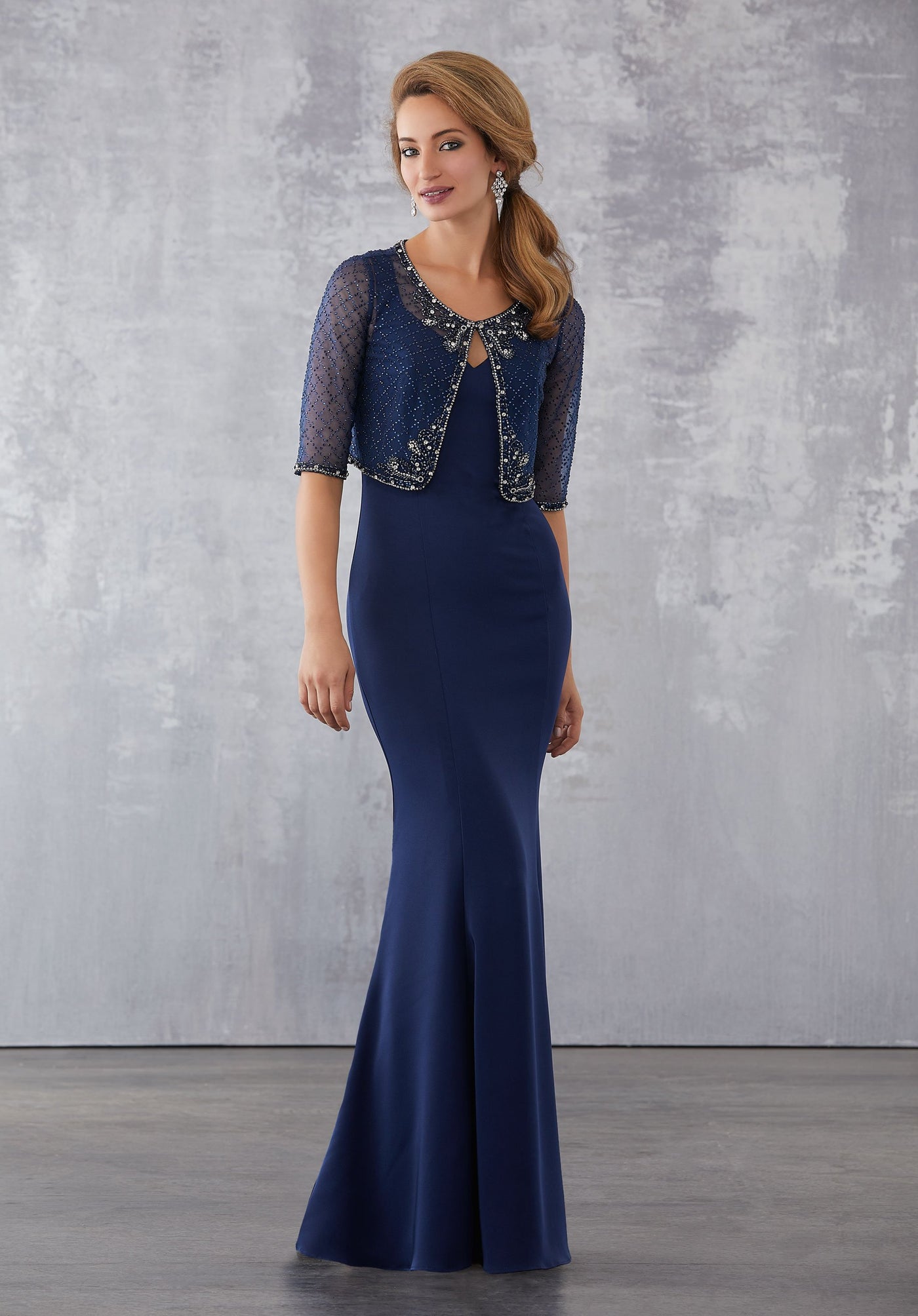 MGNY By Mori Lee - 71732 V-neck Trumpet Dress With Embellished Jacket In Blue