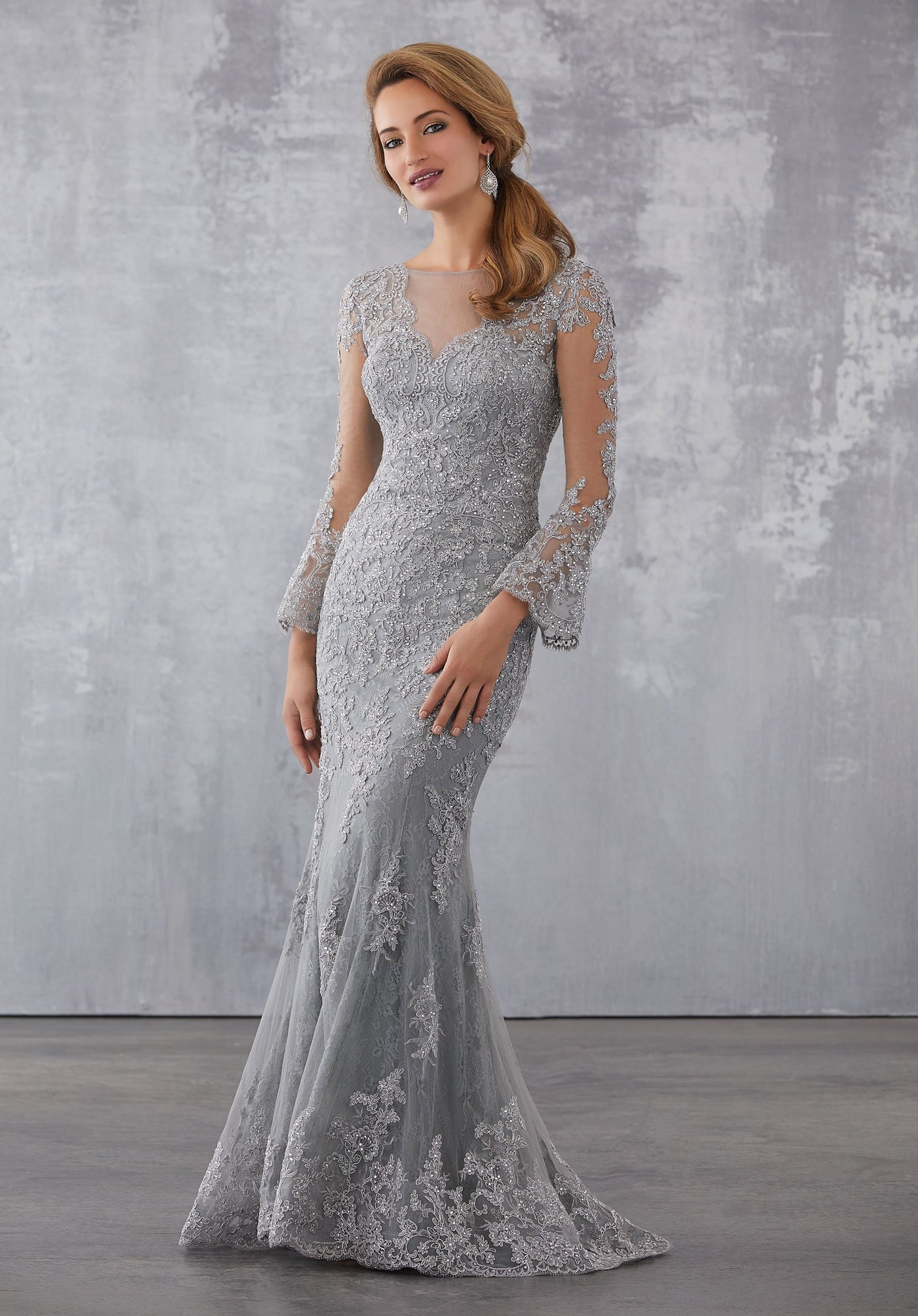 MGNY By Mori Lee - 71735 Embroidered Illusion Bateau Trumpet Dress In Silver