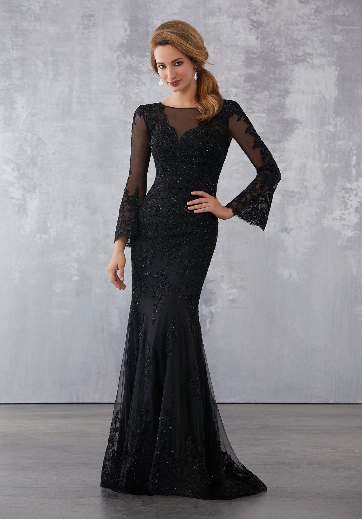 MGNY By Mori Lee - 71735 Embroidered Illusion Bateau Trumpet Dress In Black