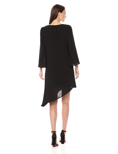 Adrianna Papell - AP1D102336 V-Neck Quarter Sleeves Asymmetrical Dress In Black