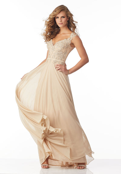 MGNY By Mori Lee - 71802 Appliqued V-Neck A-Line Gown In Neutral and Gold