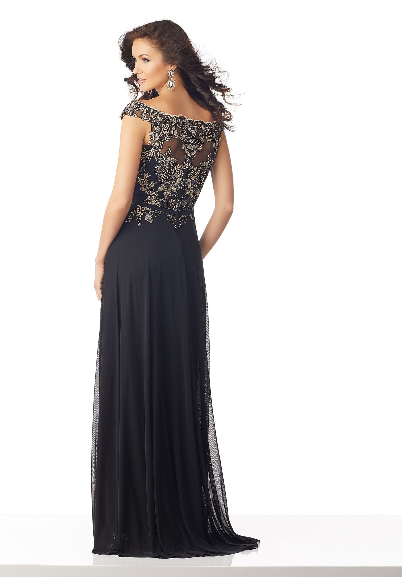 MGNY By Mori Lee - 71802 Appliqued V-Neck A-Line Gown In Black and Gold