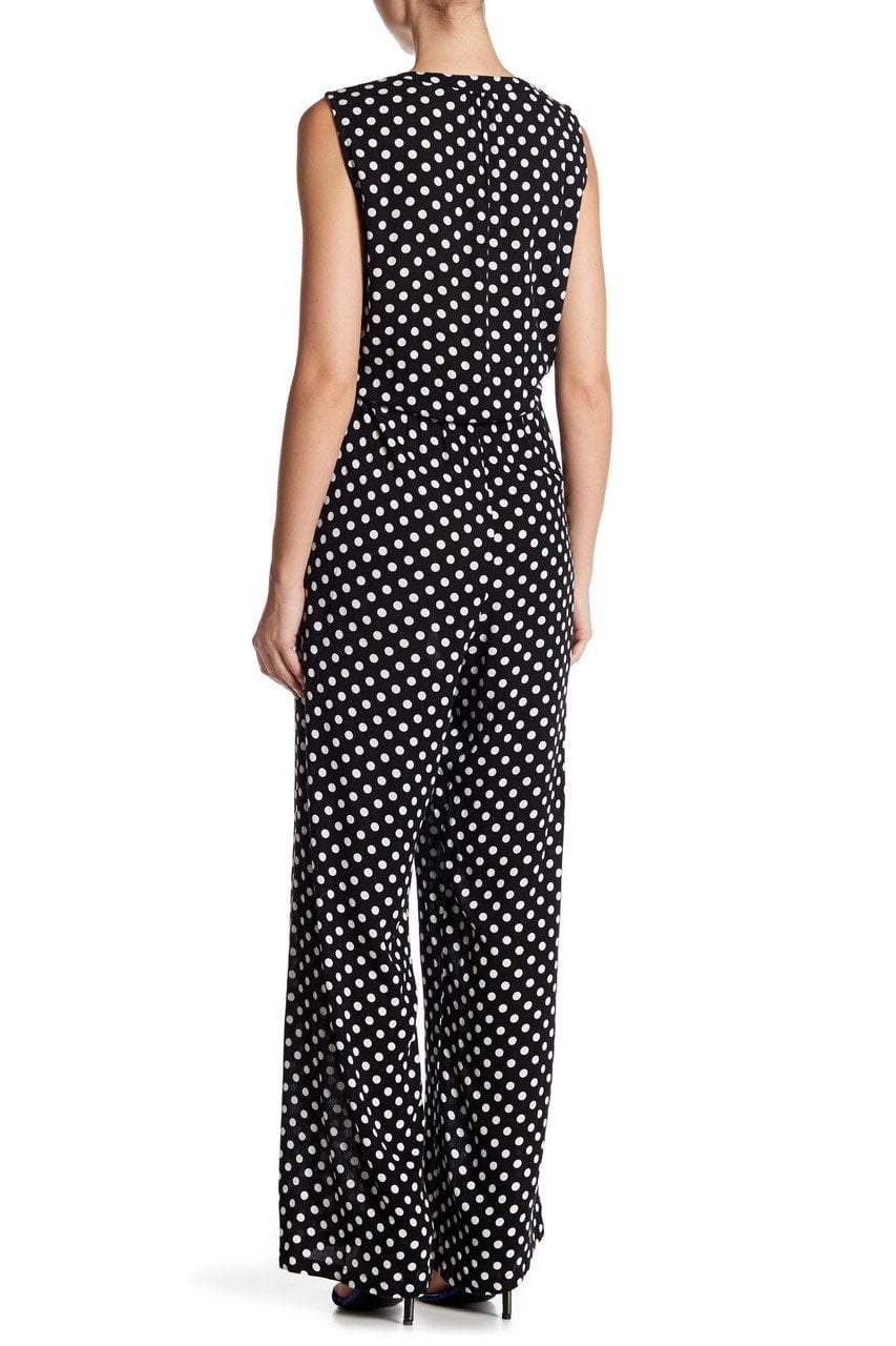 Nina Leonard - L5572A Front Placket Tie-Waist Jumpsuit in Black in Black and White