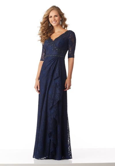 MGNY By Mori Lee - 71809 Lace V-Neck A-Line Dress In Navy Blue