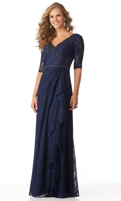 MGNY by Mori Lee - Lace V-Neck A-Line Dress 71809SC In Blue