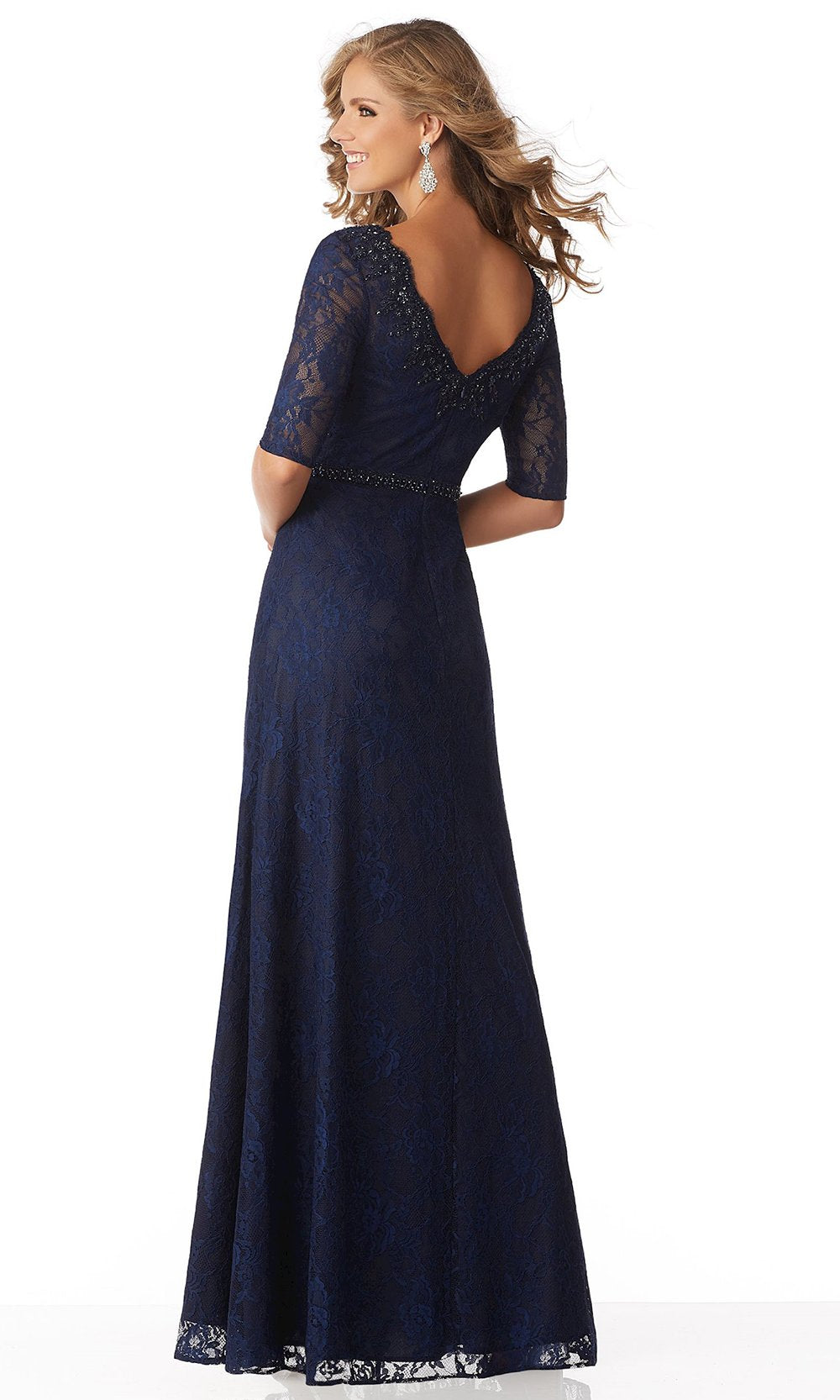 MGNY by Mori Lee - Lace V-Neck A-Line Dress 71809SC In Blue