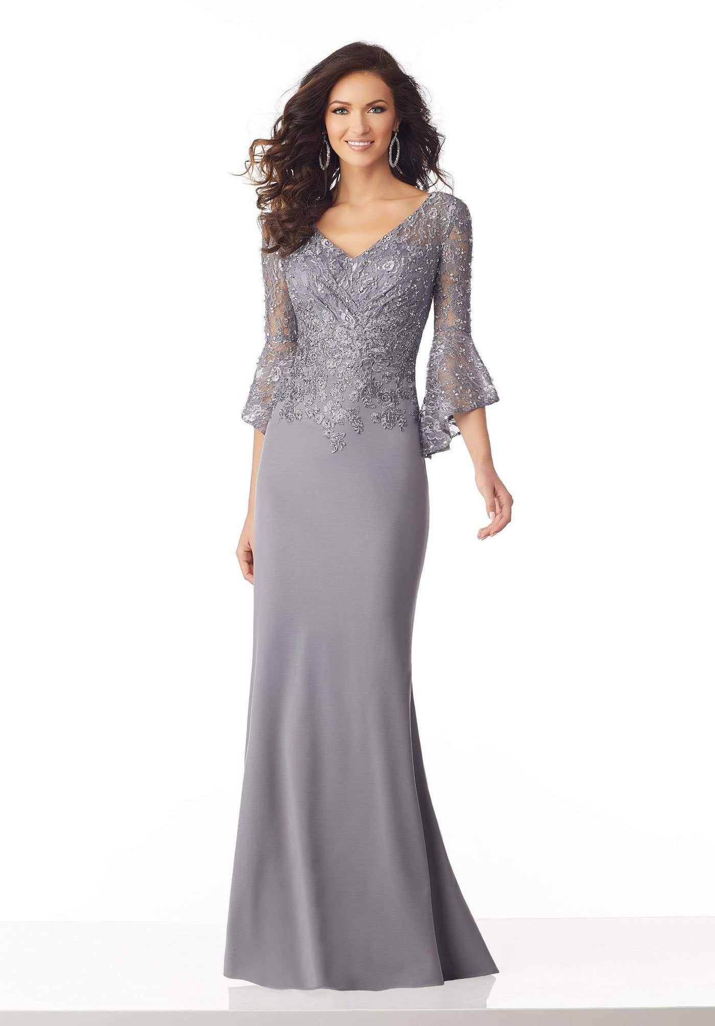 MGNY By Mori Lee - 71810 Embroidered V-neck Trumpet Dress Mother of the Bride Dresses 0 / Silver
