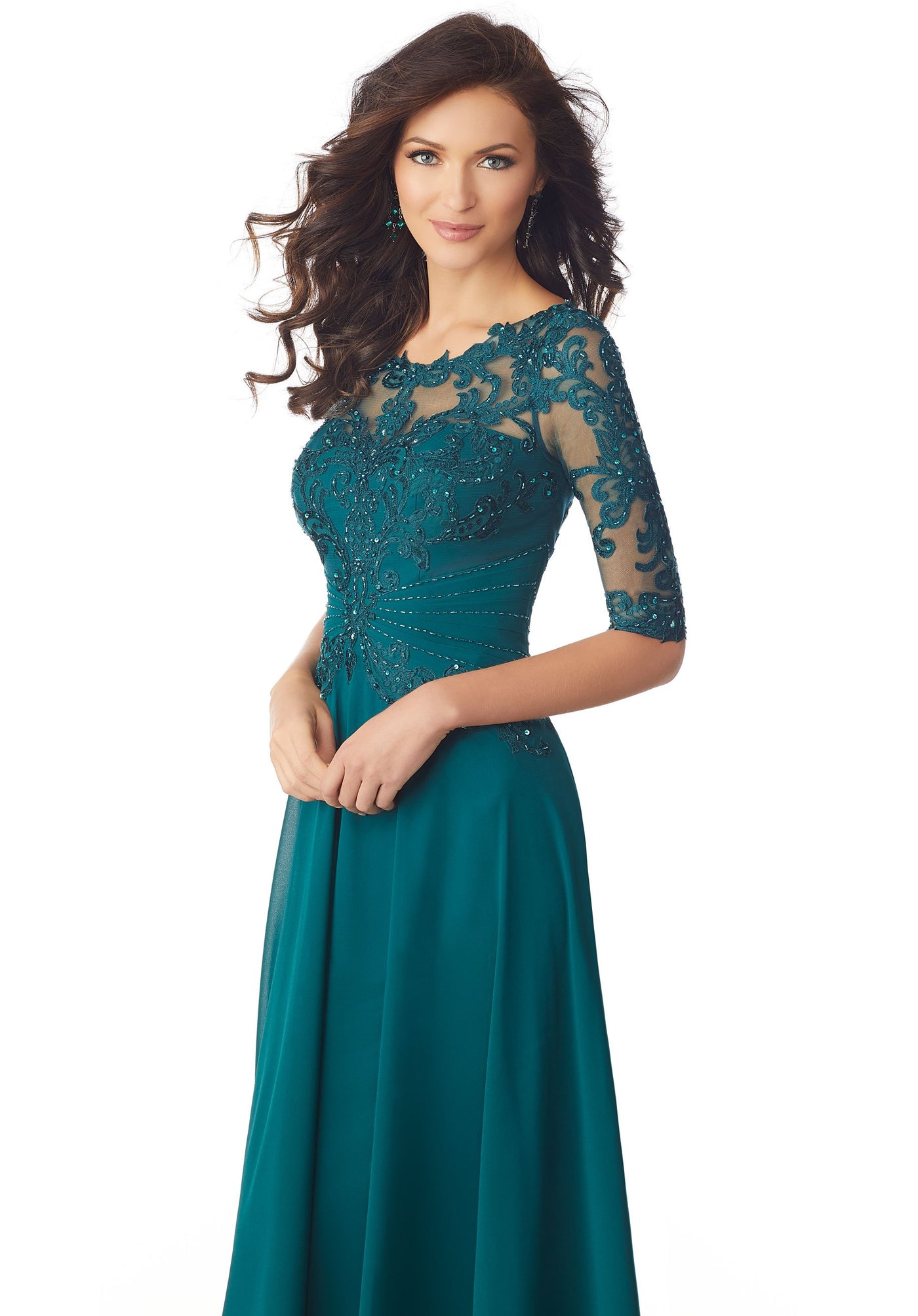 MGNY By Mori Lee - 71812 Beaded Embroidered Bateau Dress In Green