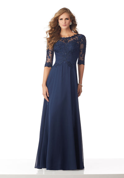MGNY By Mori Lee - 71812 Beaded Embroidered Bateau Dress In Navy Blue