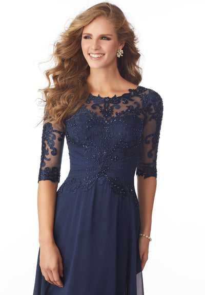 MGNY By Mori Lee - 71812 Beaded Embroidered Bateau Dress In Navy Blue