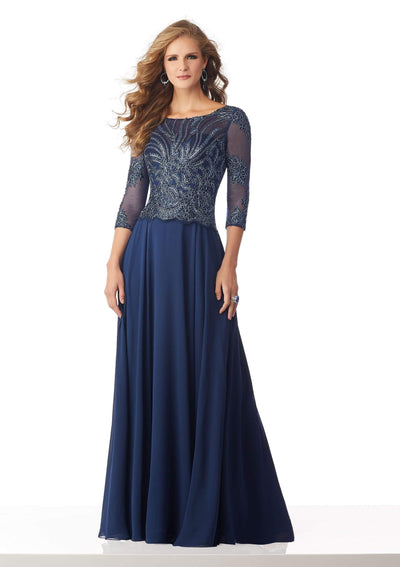MGNY By Mori Lee - 71813 Metallic Lace A-Line Evening Dress Mother of the Bride Dresses 0 / Navy