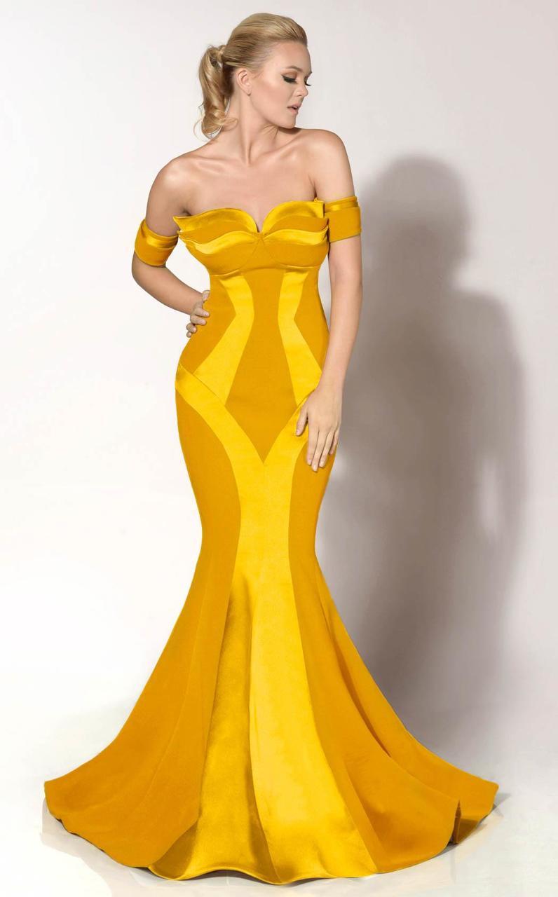 MNM Couture - 2276 Off-Shoulder Structured Mermaid Gown in Yellow