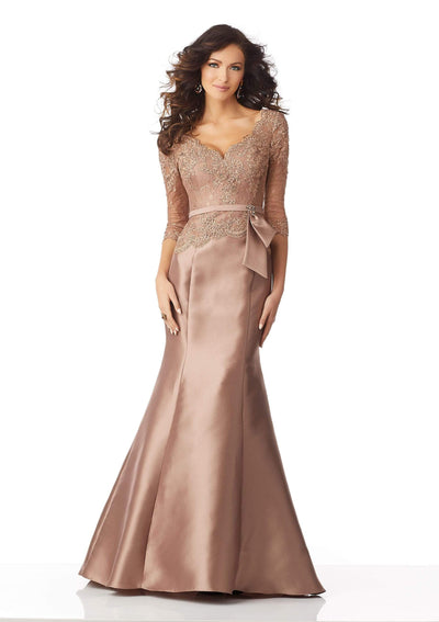 MGNY By Mori Lee - 71817 Beaded Lace Quarter Sleeves Trumpet Gown Evening Dresses 0 / Bronze