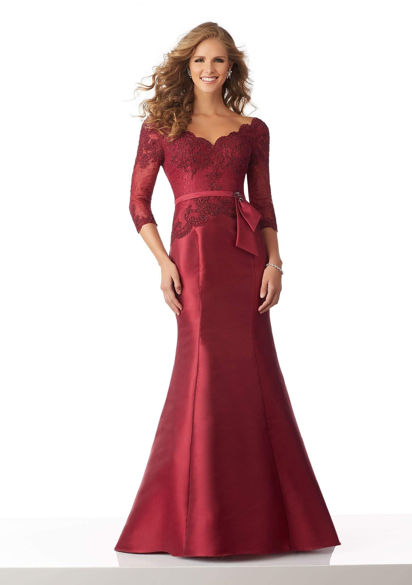 MGNY By Mori Lee - 71817 Beaded Lace Quarter Sleeves Trumpet Gown Evening Dresses 0 / Wine