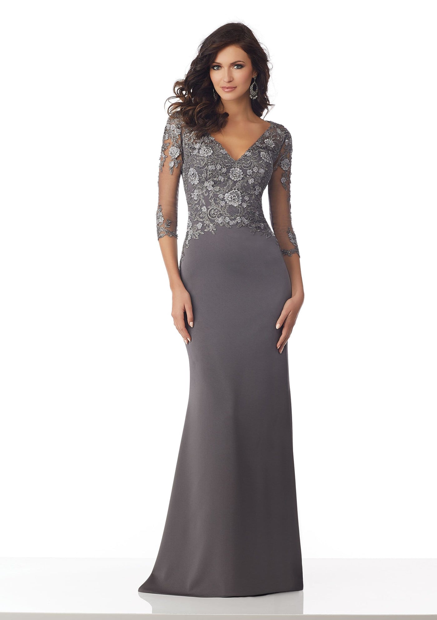 MGNY By Mori Lee - 71819 Floral Embroidered V-neck Fitted Dress Mother of the Bride Dresses 0 / Charcoal