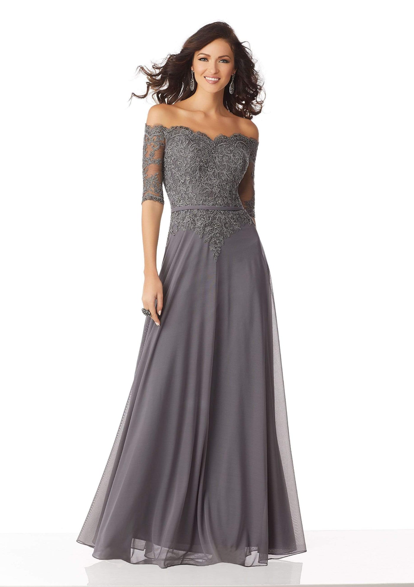 MGNY By Mori Lee - 71822 Beaded Lace Off-Shoulder A-Line Gown Mother of the Bride Dresses 0 / Charcoal
