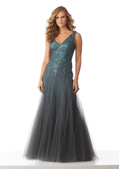 MGNY By Mori Lee - 71823 Floral Embroidered V-neck A-line Gown In Green
