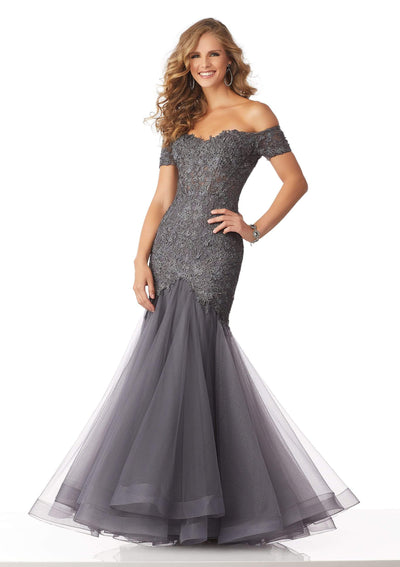 MGNY By Mori Lee - 71825 Lace Appliqued Off-Shoulder Trumpet Dress Pageant Dresses 0 / Charcoal