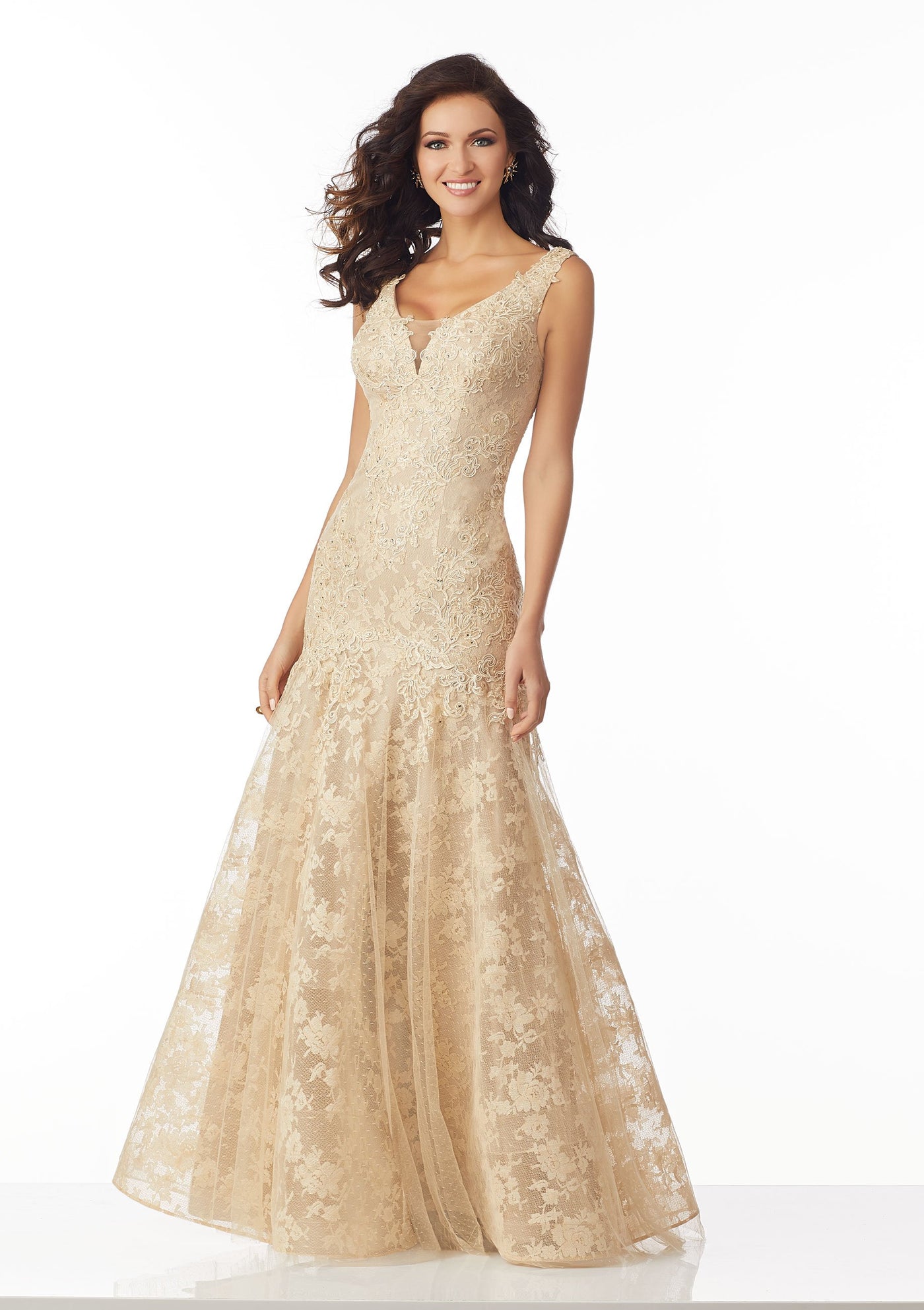 MGNY By Mori Lee - 71827 Beaded Appliqued Plunging V-Neck Dress In Neutral