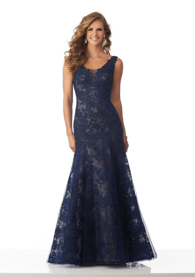 MGNY By Mori Lee - 71827 Beaded Appliqued Plunging V-Neck Dress In Blue