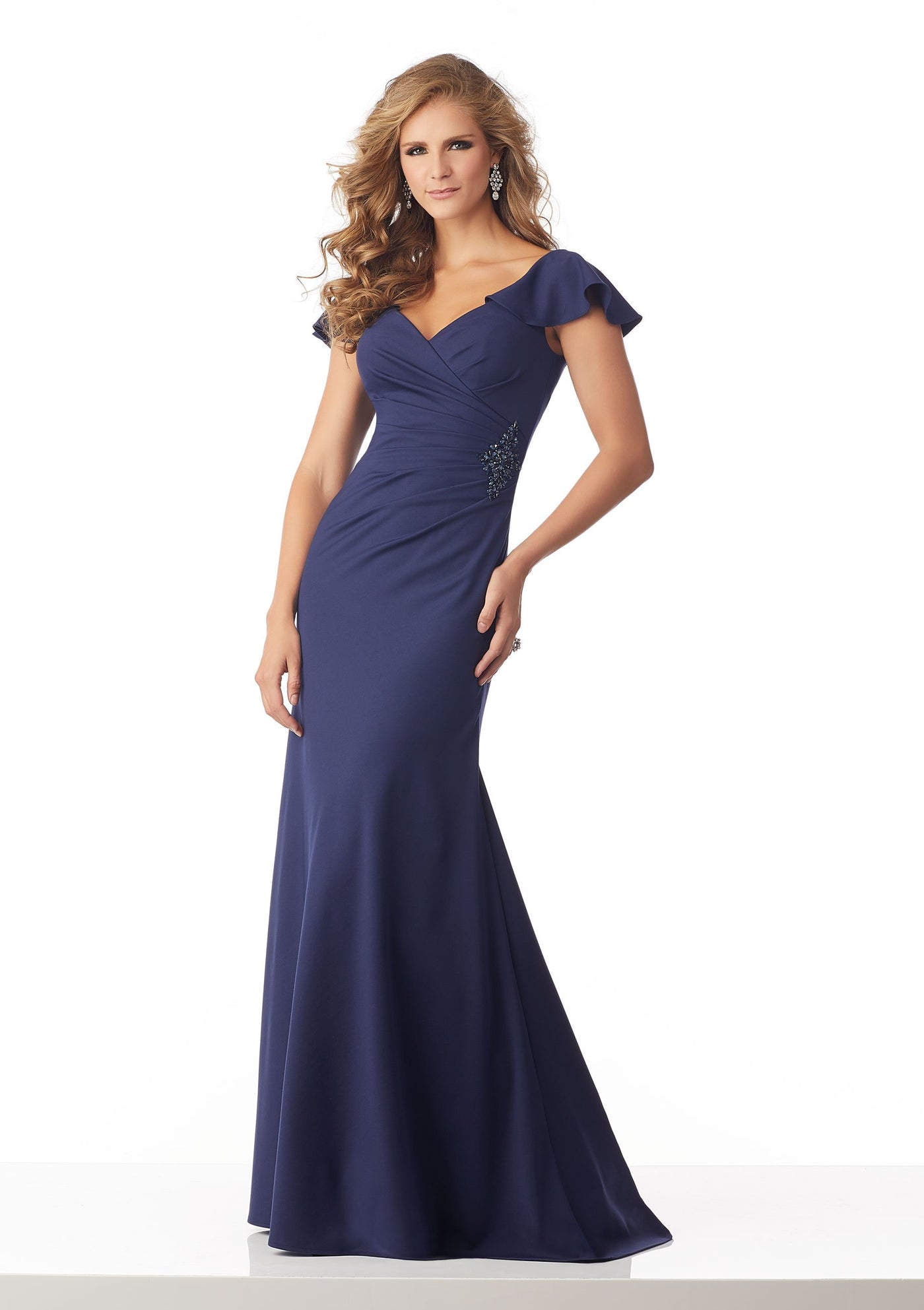 MGNY By Mori Lee - 71831 Ruched V-Neck Sheath Dress In Blue