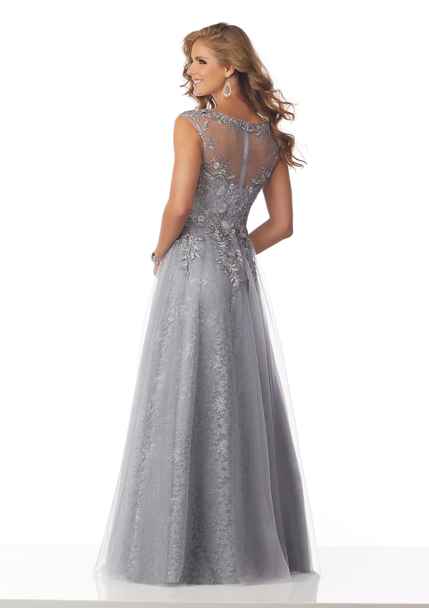 MGNY By Mori Lee - 71833 Floral Embroidered Bateau A-line Gown In Silver