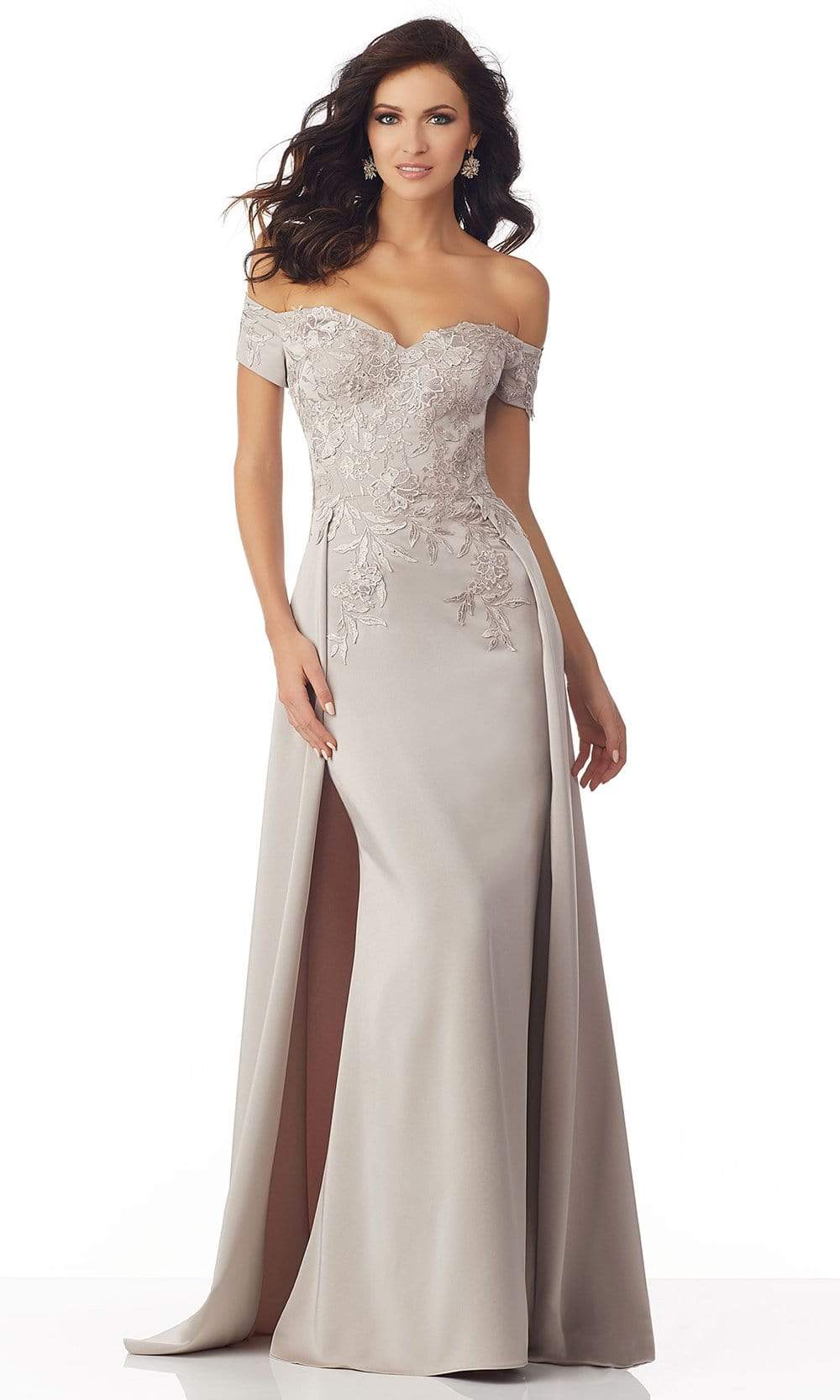MGNY By Mori Lee - 71834 Embroidered Off-Shoulder Dress With Overskirt Evening Dresses 2 / Latte