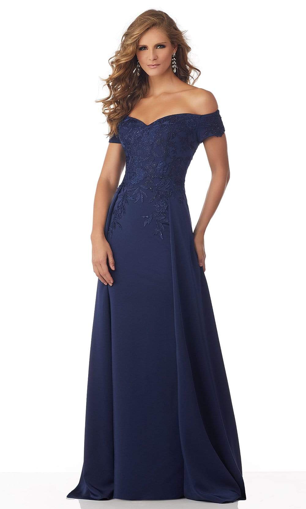 MGNY By Mori Lee - 71834 Embroidered Off-Shoulder Dress With Overskirt Evening Dresses 2 / Navy