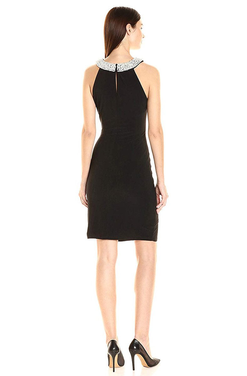 Adrianna Papell - Pearl Bejeweled Halter Neck Short Dress AP1D100522 in Black