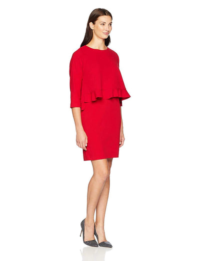 Taylor - 9859M Quarter Sleeve Ruffle-Trimmed Popover Dress In Red