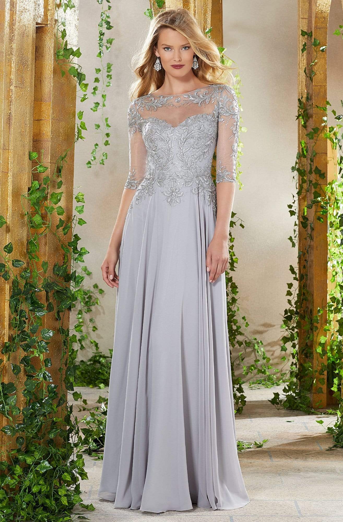 MGNY By Mori Lee - 71908 Bead Embroidered Chiffon A-line Gown Mother of the Bride Dresses 0 / Silver