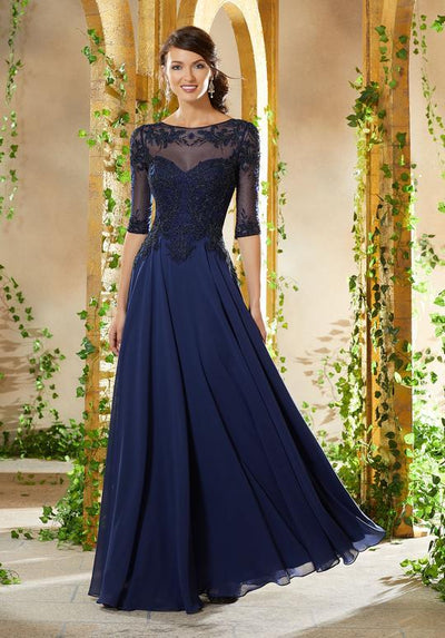 MGNY By Mori Lee - Embroidered Illusion Chiffon A-line Evening Dress 71908 In Blue