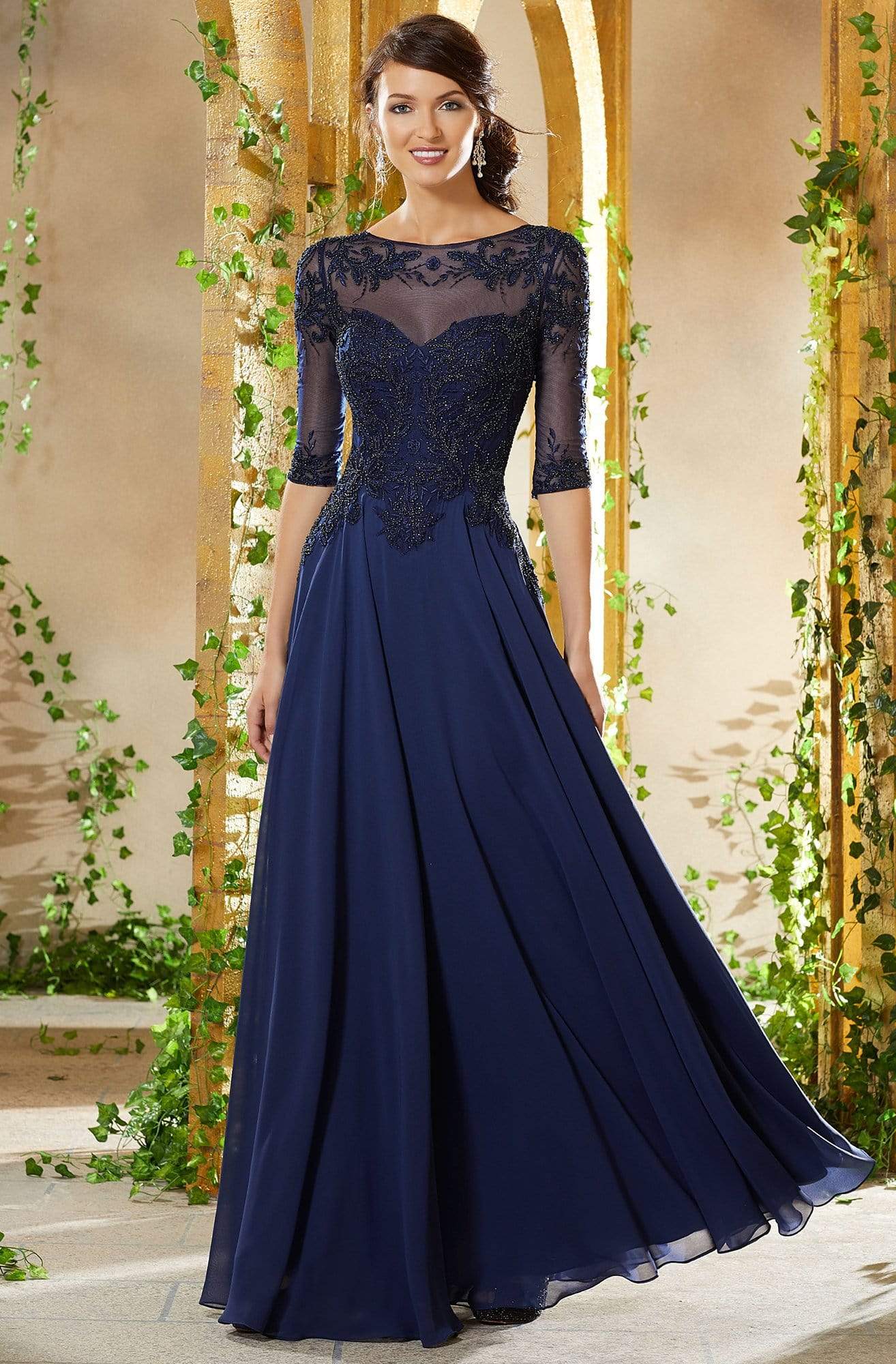 MGNY By Mori Lee - 71908 Bead Embroidered Chiffon A-line Gown Mother of the Bride Dresses 0 / Navy