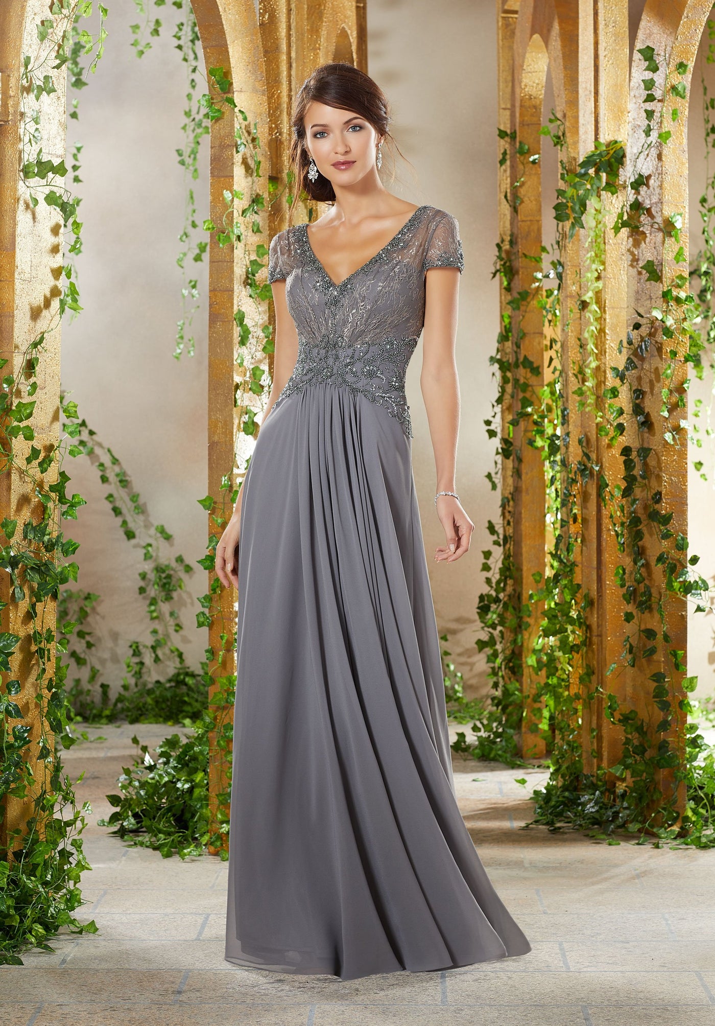 MGNY By Mori Lee - 71912 Beaded Lace V-Neck Dress In Gray