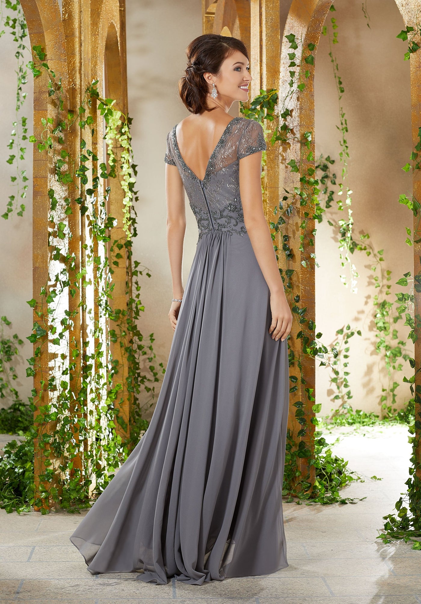 MGNY By Mori Lee - 71912 Beaded Lace V-Neck Dress In Gray